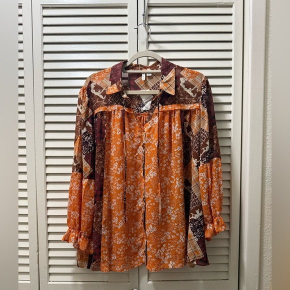Cato Tops - Cato Patchwork Long Sleeve Blouse Boho Floral Top Shirt Fall Orange Brown